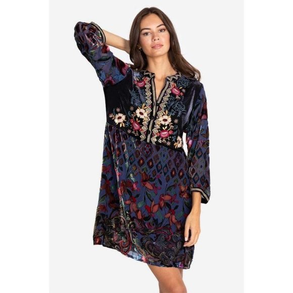 Johnny Was Clara Gweneth Burnout Tunic Dress Embroidered Blue Floral XXL New